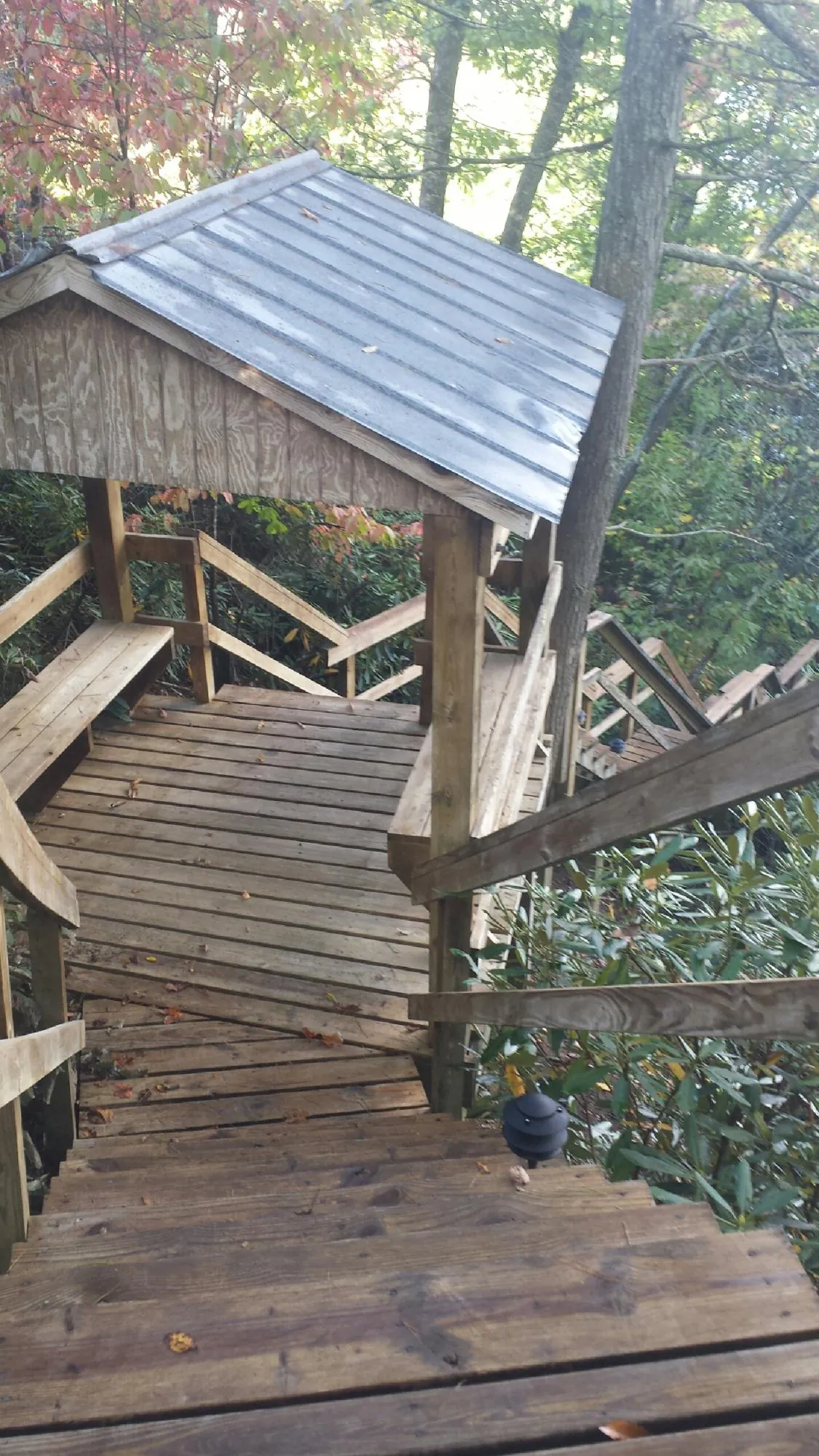 Metal roofed shelter over wooden steps on a wooded walkway — Skylight Repair & Installation work by our crew in Jbsa Randolph
